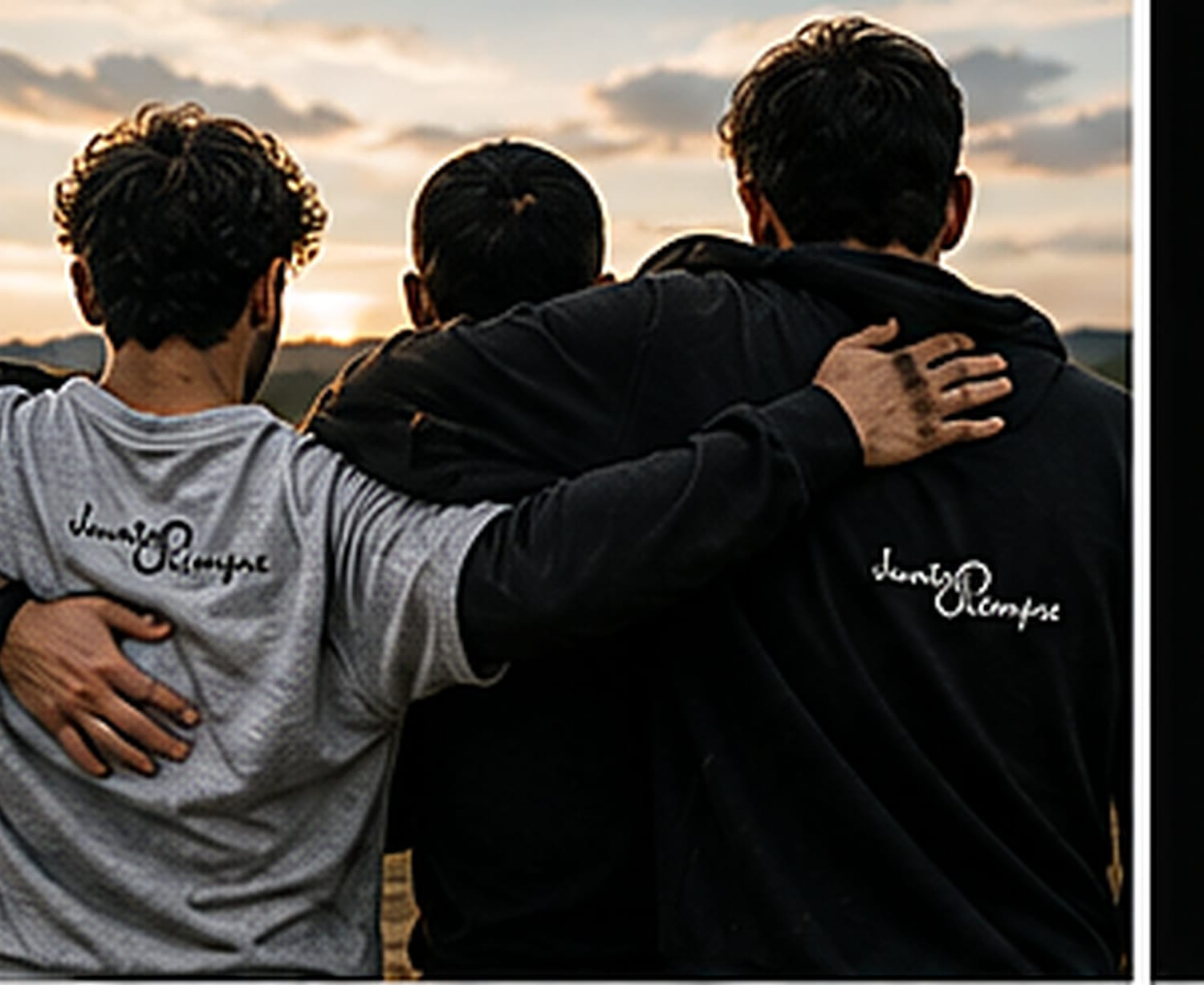 Amigos abrazados al atardecer